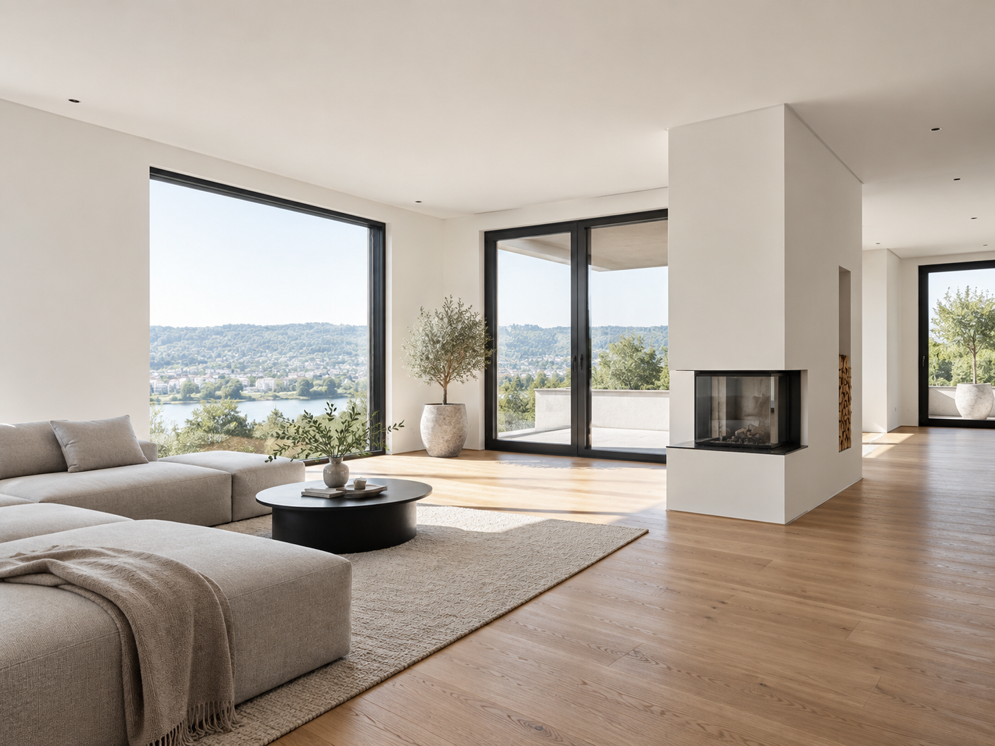 Modernisierter Wohnraum mit hochwertigen glatten Wand- und Deckenflächen